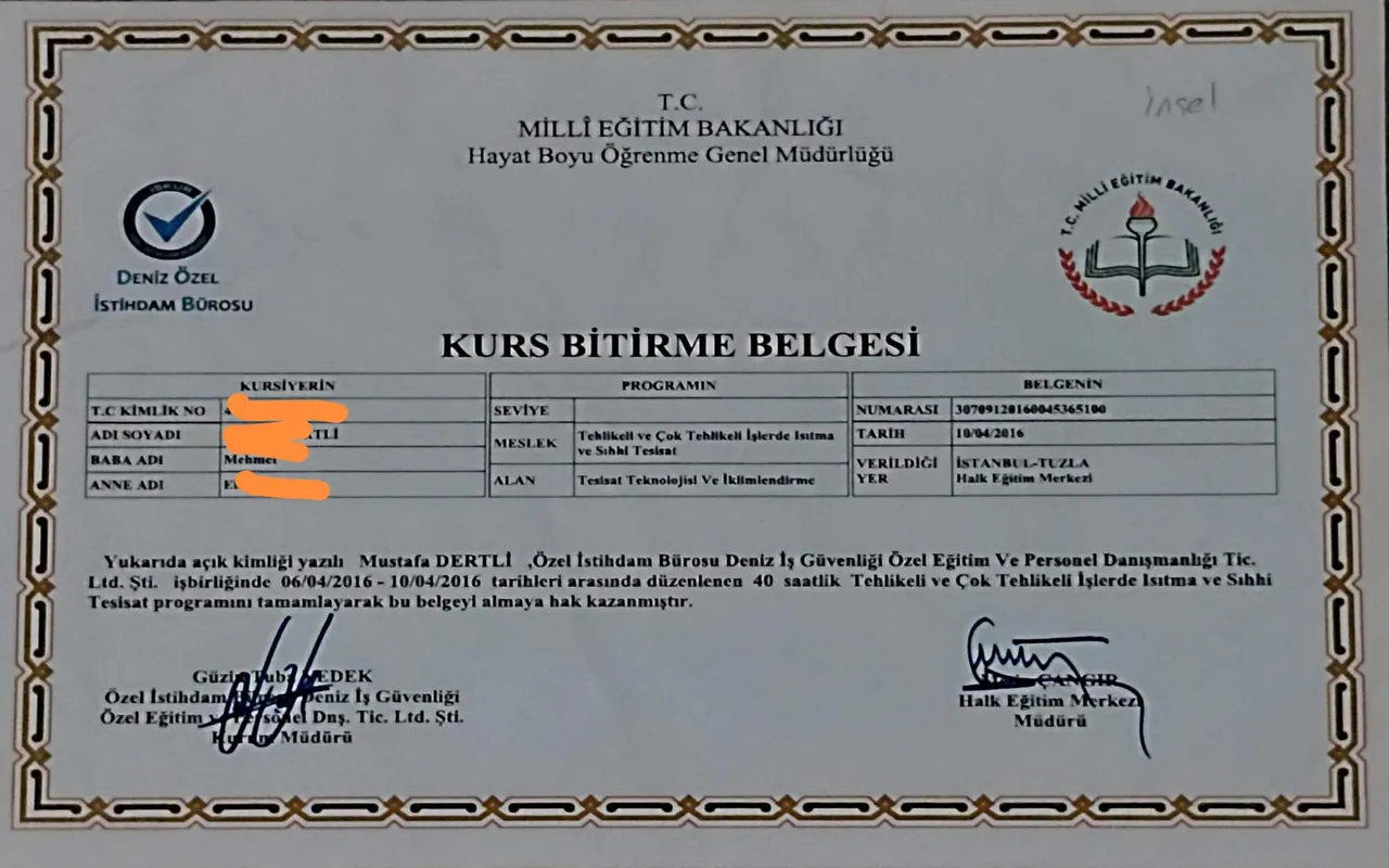 MEB onaylı tehlikeli ve çok tehlikeli işlerde ısıtma ve sıhhi tesisat yeterlilik belgesi