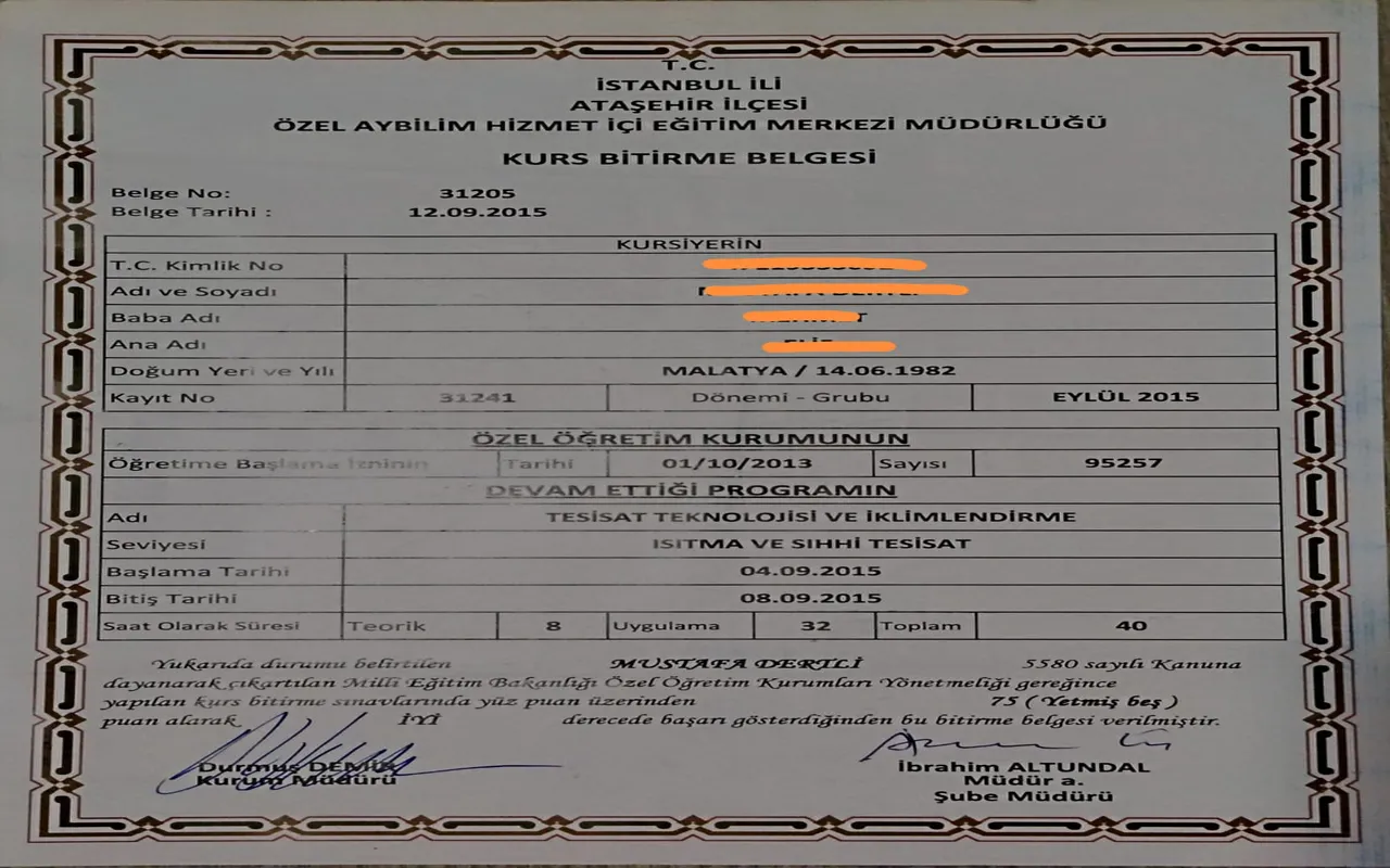 MEB onaylı tesisat teknolojisi ve iklimlendirme kurs bitirme belgesi